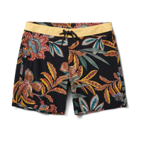 Men's tropical floral boardshorts with vibrant leaf pattern and contrast waistband, ideal for beach days and surfing.