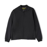 Black Layover Bomber Jacket displayed flat, featuring a full-length zip closure and ribbed cuffs and hem