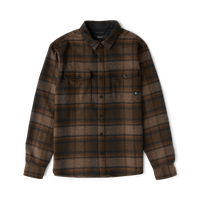 Brown and black plaid flannel shirt with button front, chest pockets, and long sleeves displayed flat on white background