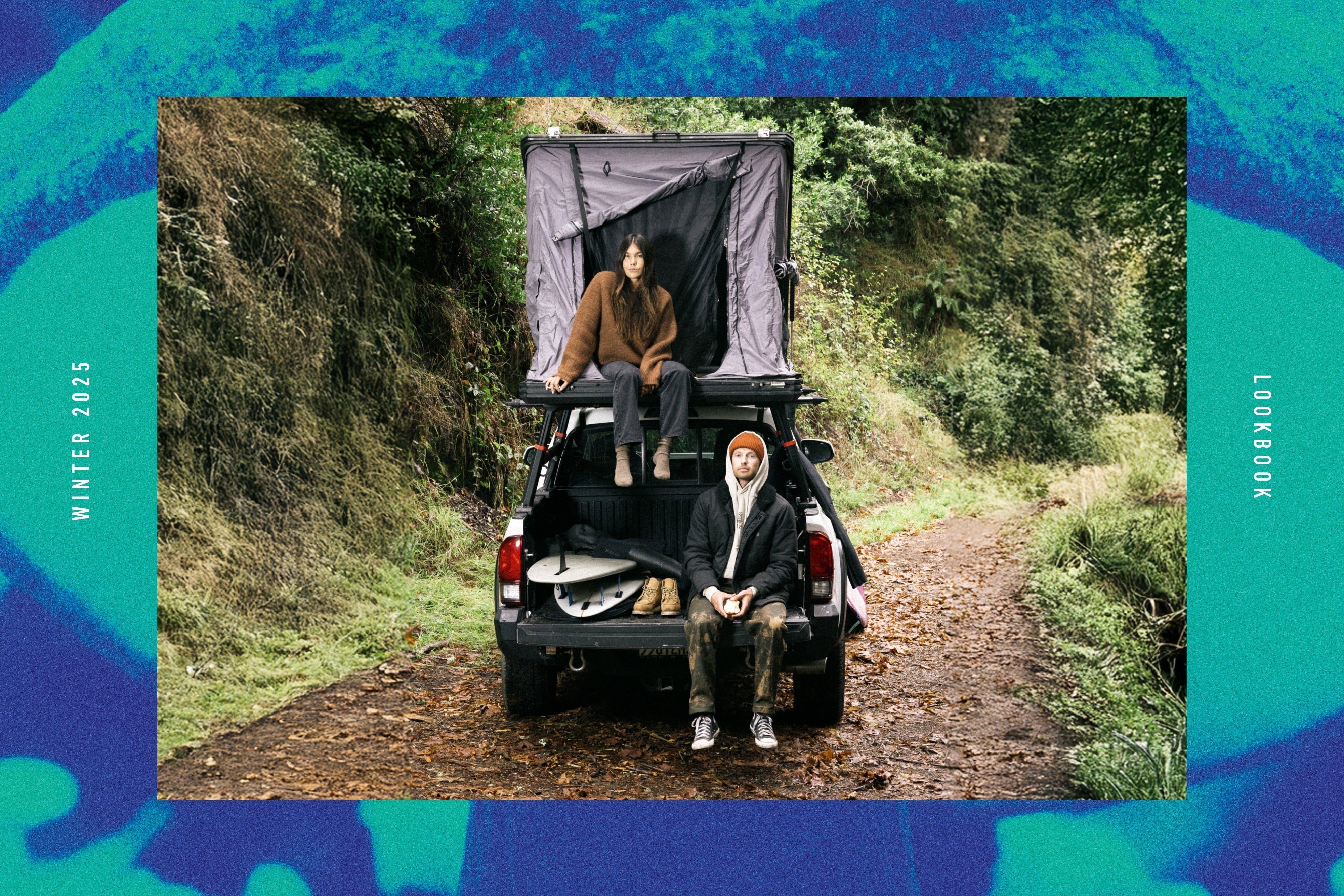 Roark's Men & Womens Winter 25' Collection featuring a male and female camping outdoors in a vehicle