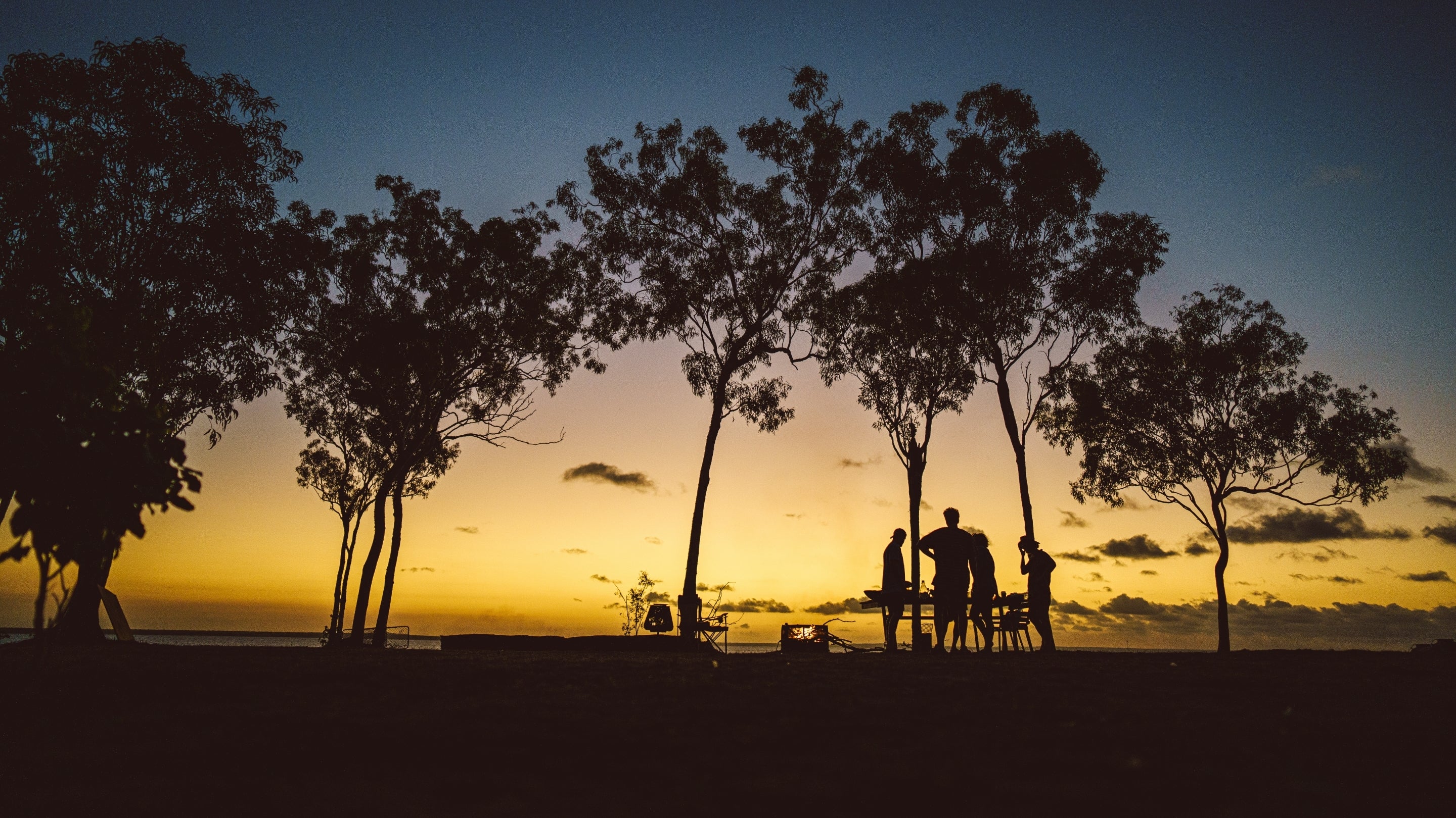 Stunning sunset over a serene horizon with branches silhouetted against the radiant sky, capturing the essence of adventure and travel.