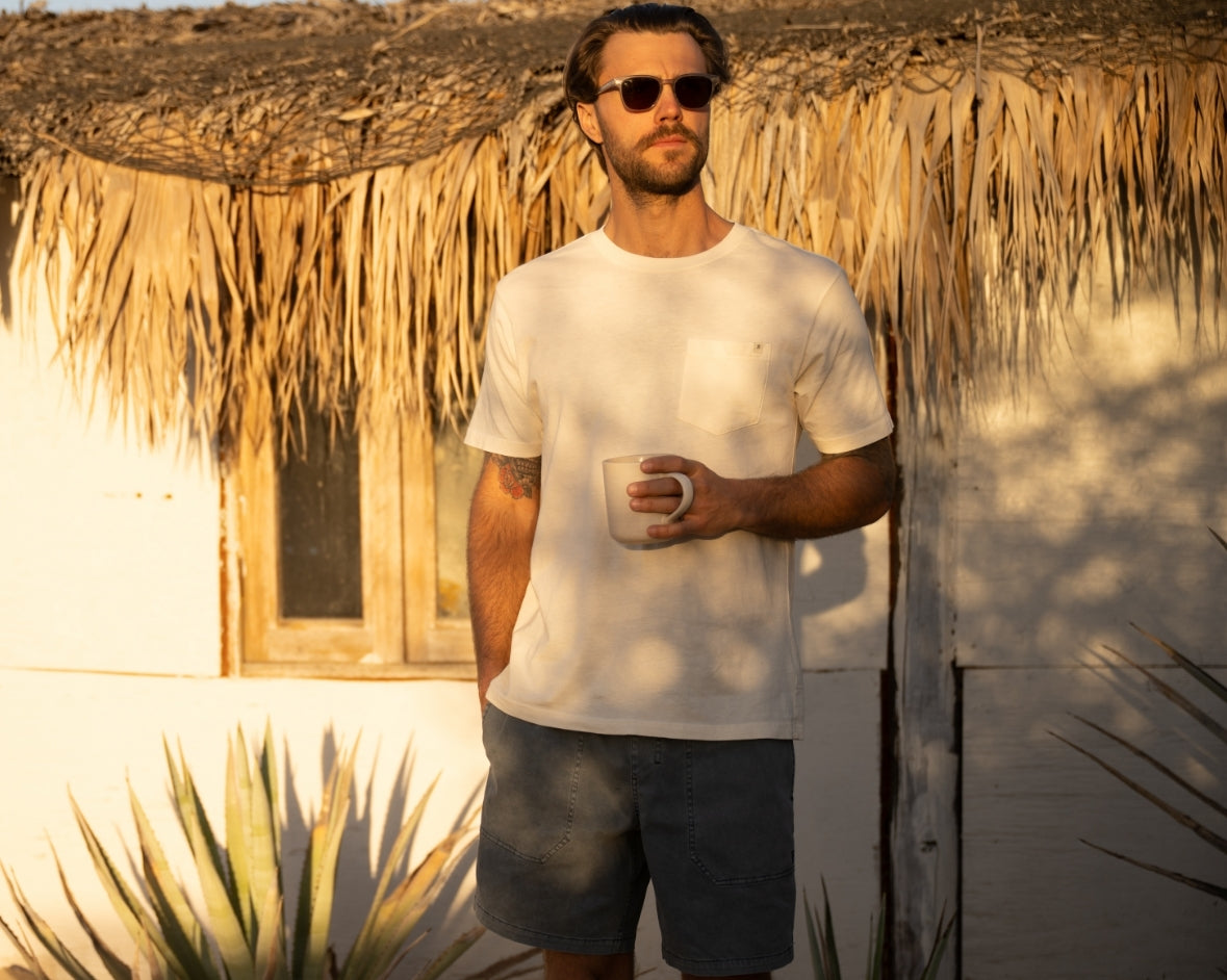 Roark adventure-inspired mobile banner featuring a model in a casual T-shirt accessorized with stylish eyewear, embodying the spirit of travel and outdoor exploration.
