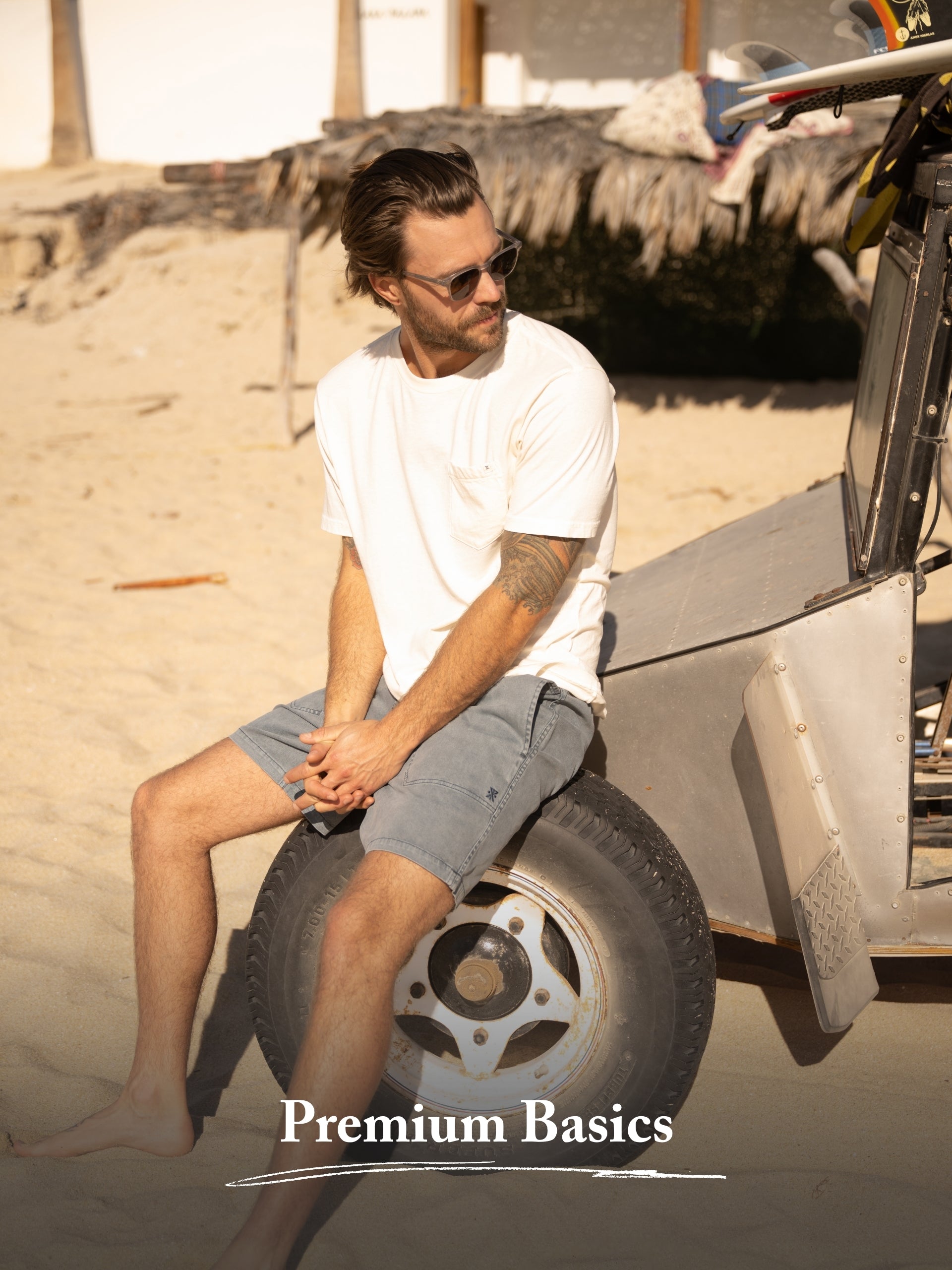 Assorted adventure gear for travelers, featuring sunglasses, eyewear, and Bermuda shorts, ideal for a vacation setting in Roark's gift guide header.