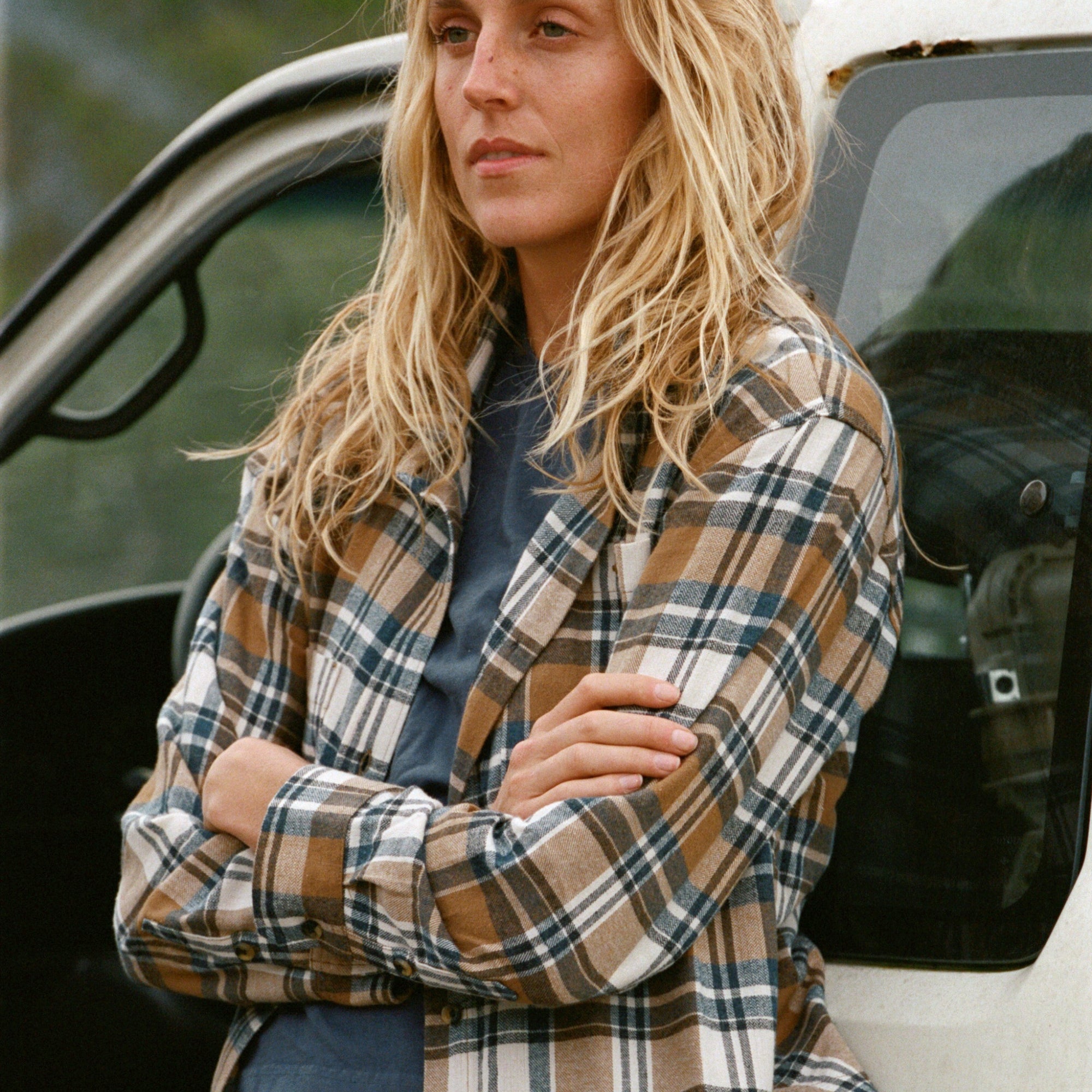 Amberley Light Long Sleeve Flannel in stylish denim textile for adventure and travel by Roark