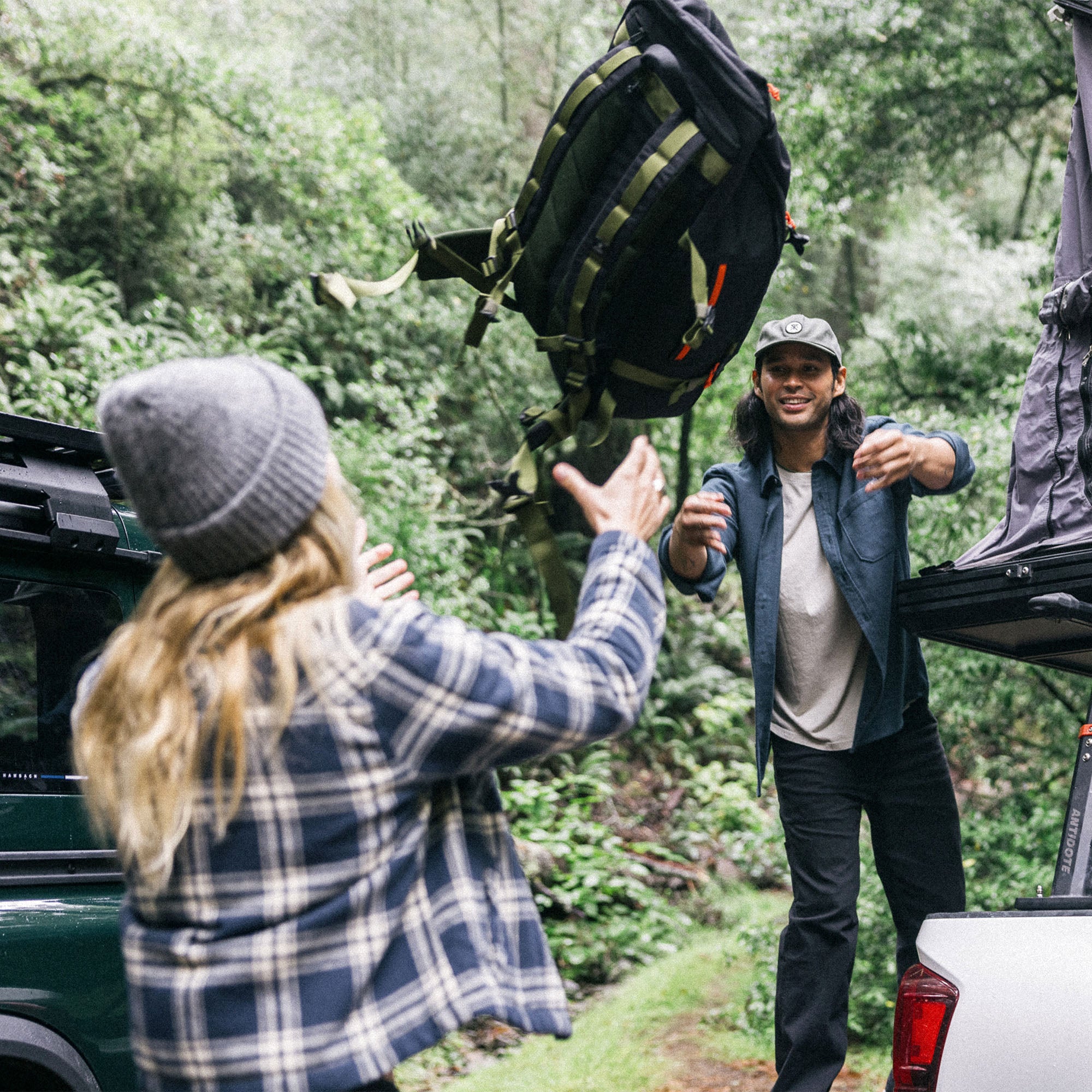 Backpack and travel gear ready for adventure, highlighting the durable and functional design of Roark's outdoor apparel.