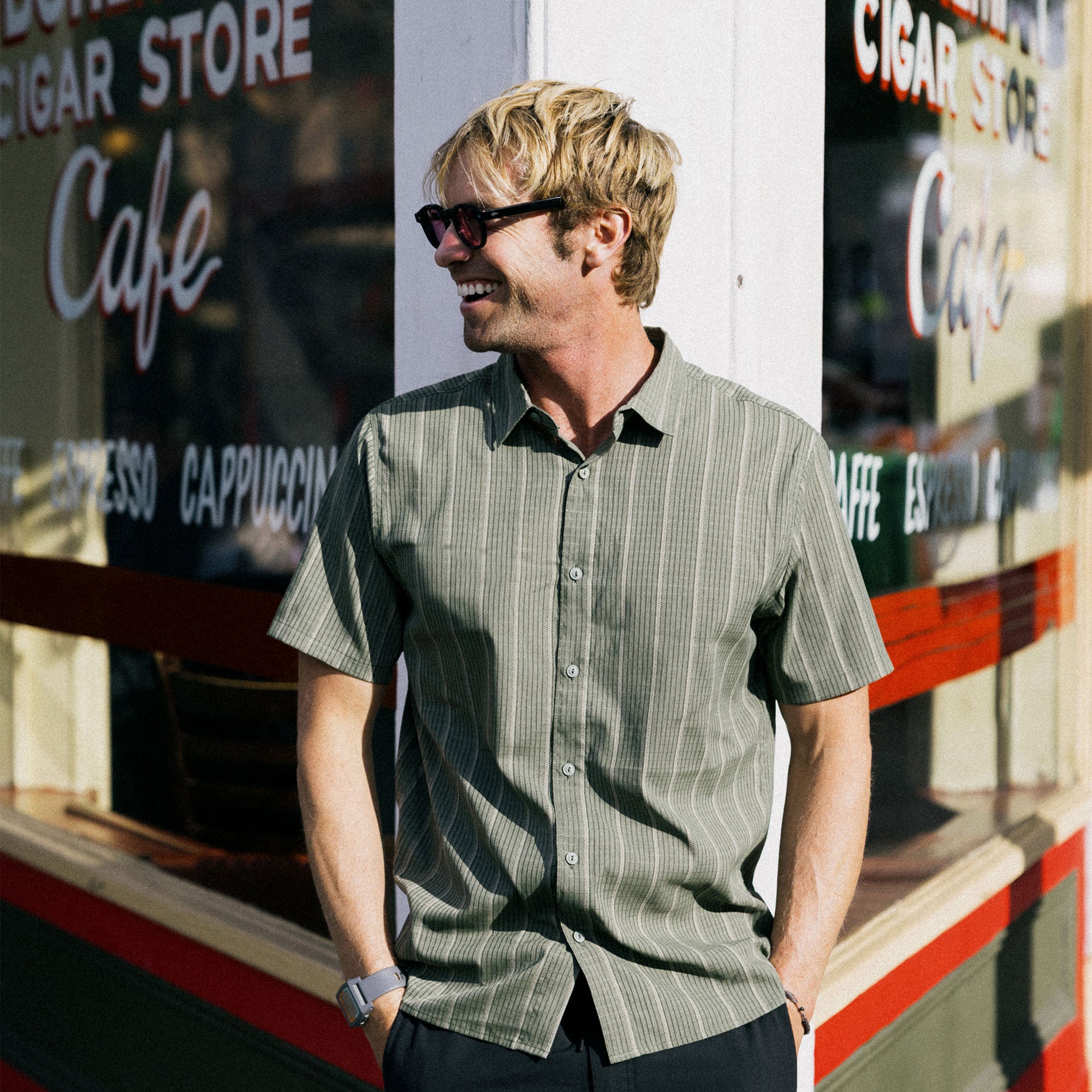 Roark's Bless Up Shirt featuring a collar, button-up front, chest pocket, and long sleeves, perfect for outdoor and travel adventures.