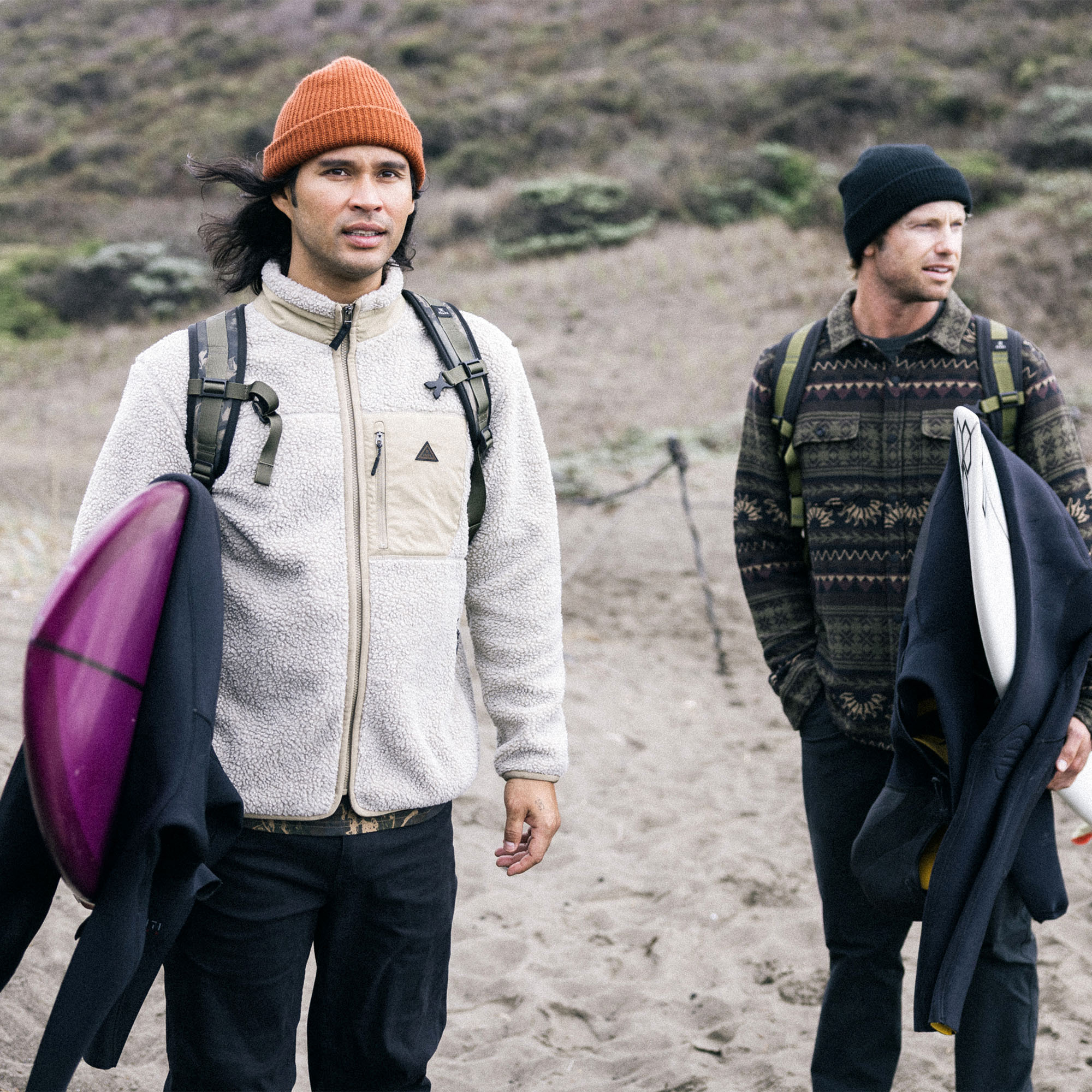 Outdoor enthusiast wearing a cozy Roark Campover Fleece Zip Hoodie and knit cap, perfect for chilly adventures.
