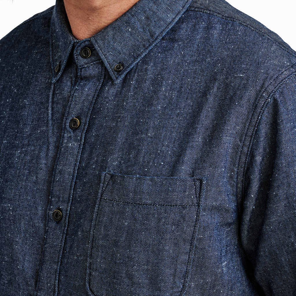 The on body view of Roark men's Scholar Long Sleeve Shirt - Indigo 2 Big Image - 6