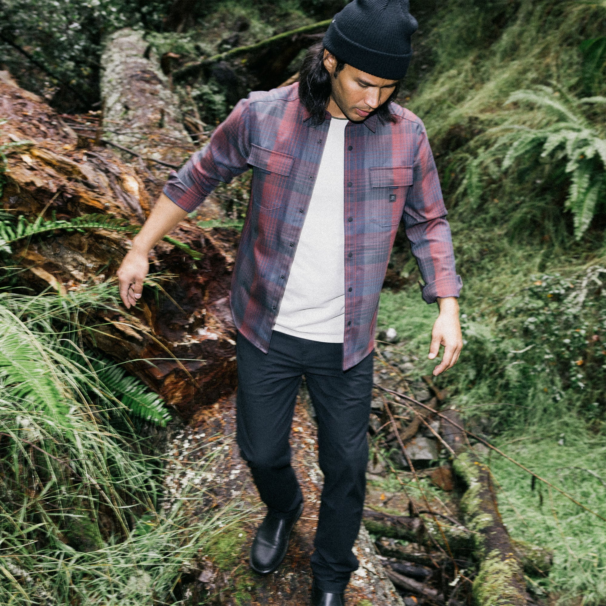 Man wearing Roark Diablo Long Sleeve Flannel, adventure-ready for fall season