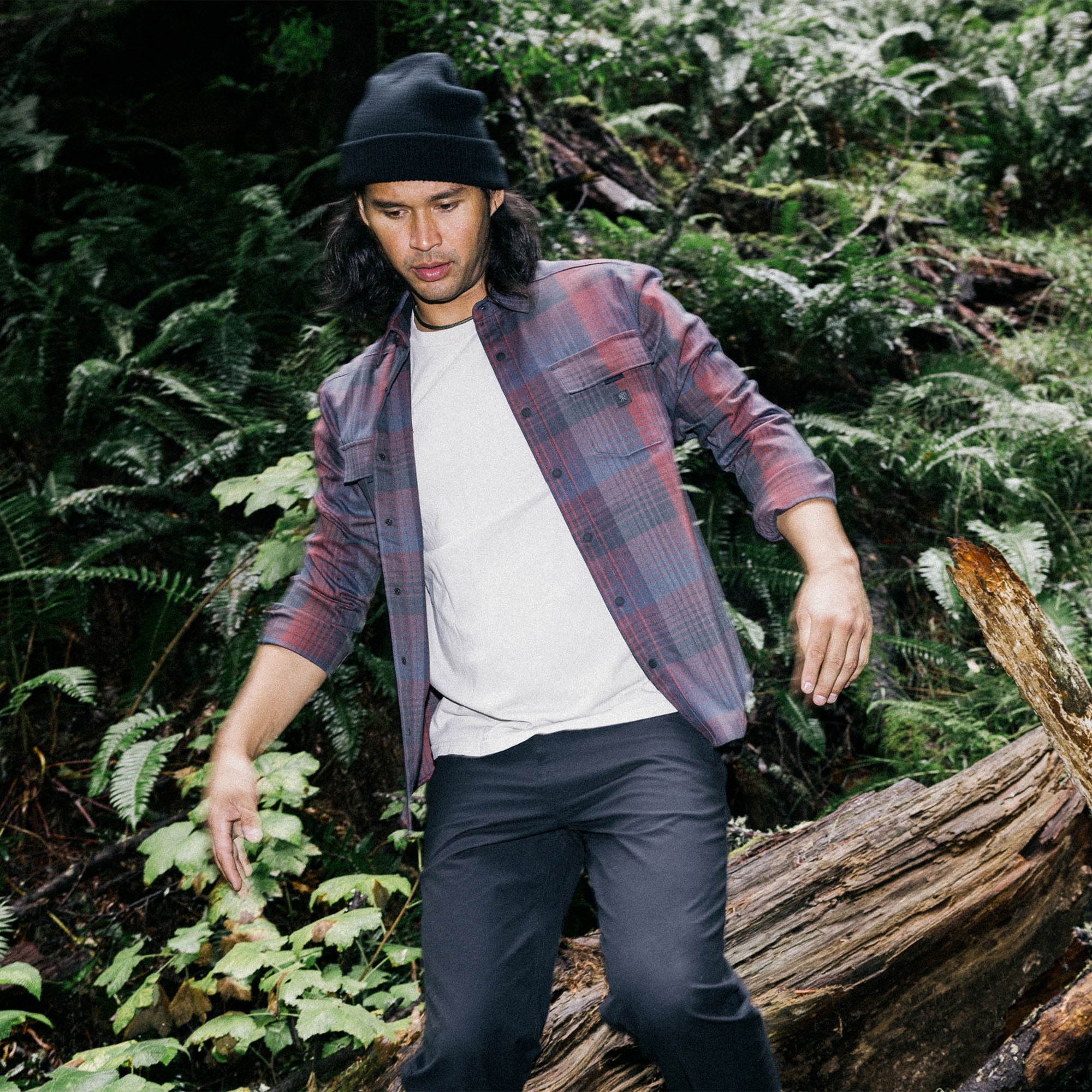 Model sporting the Diablo Long Sleeve Flannel from Roark's Fall Collection, perfect for outdoor adventures and travel.