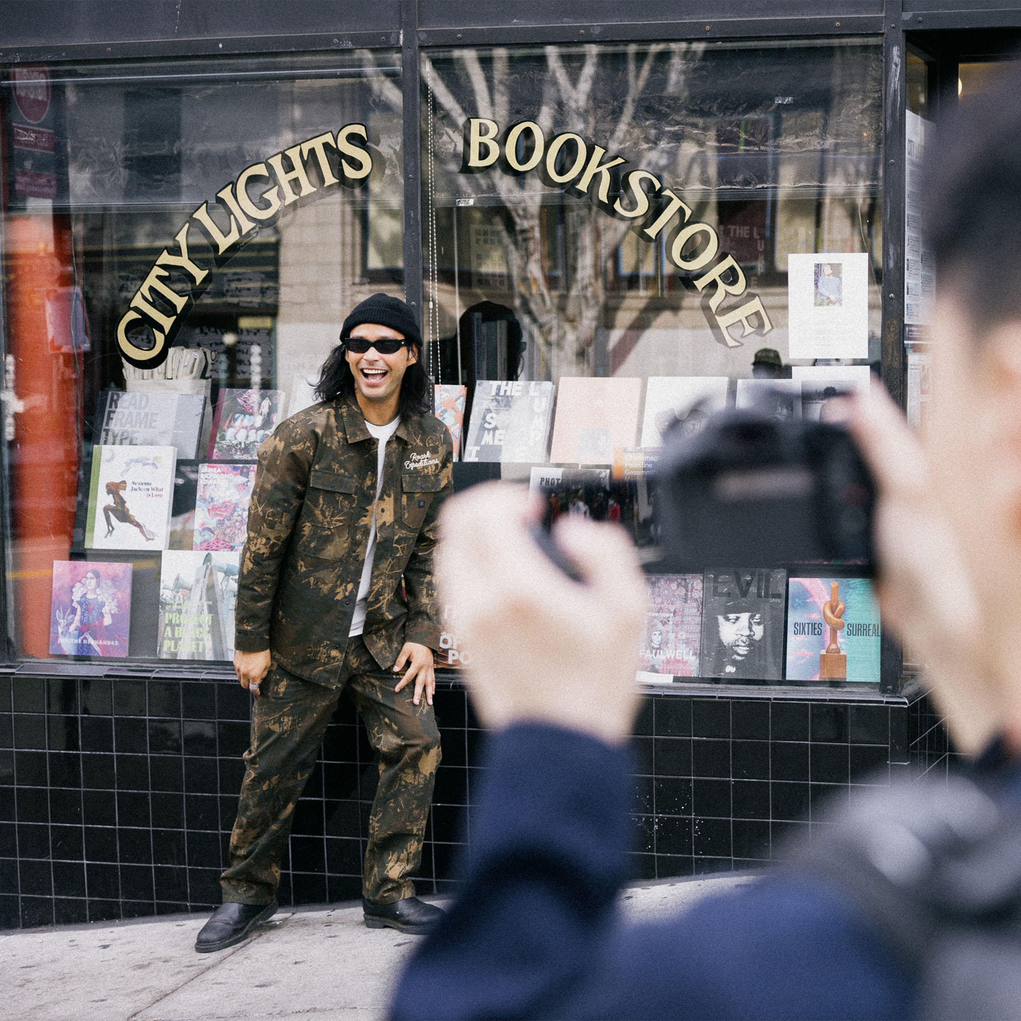 Rugged camouflage denim jacket styled for winter adventure along Highway 1
