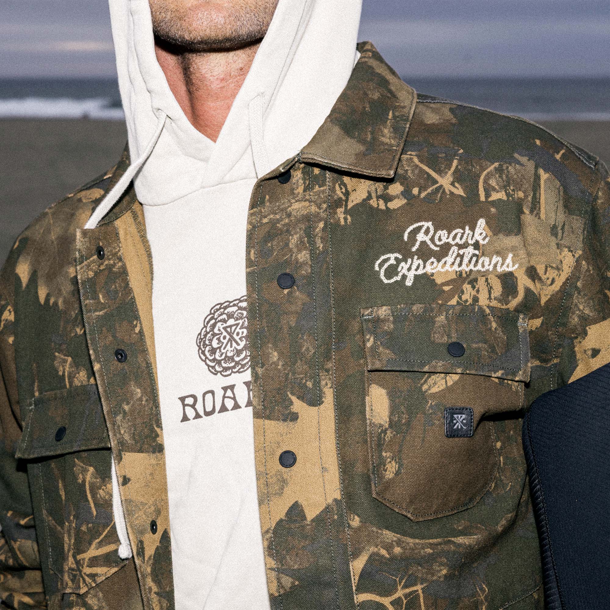 Roark Hebrides unlined jacket featuring camouflage pattern with denim and active shirt elements, perfect for adventure and outdoor activities.