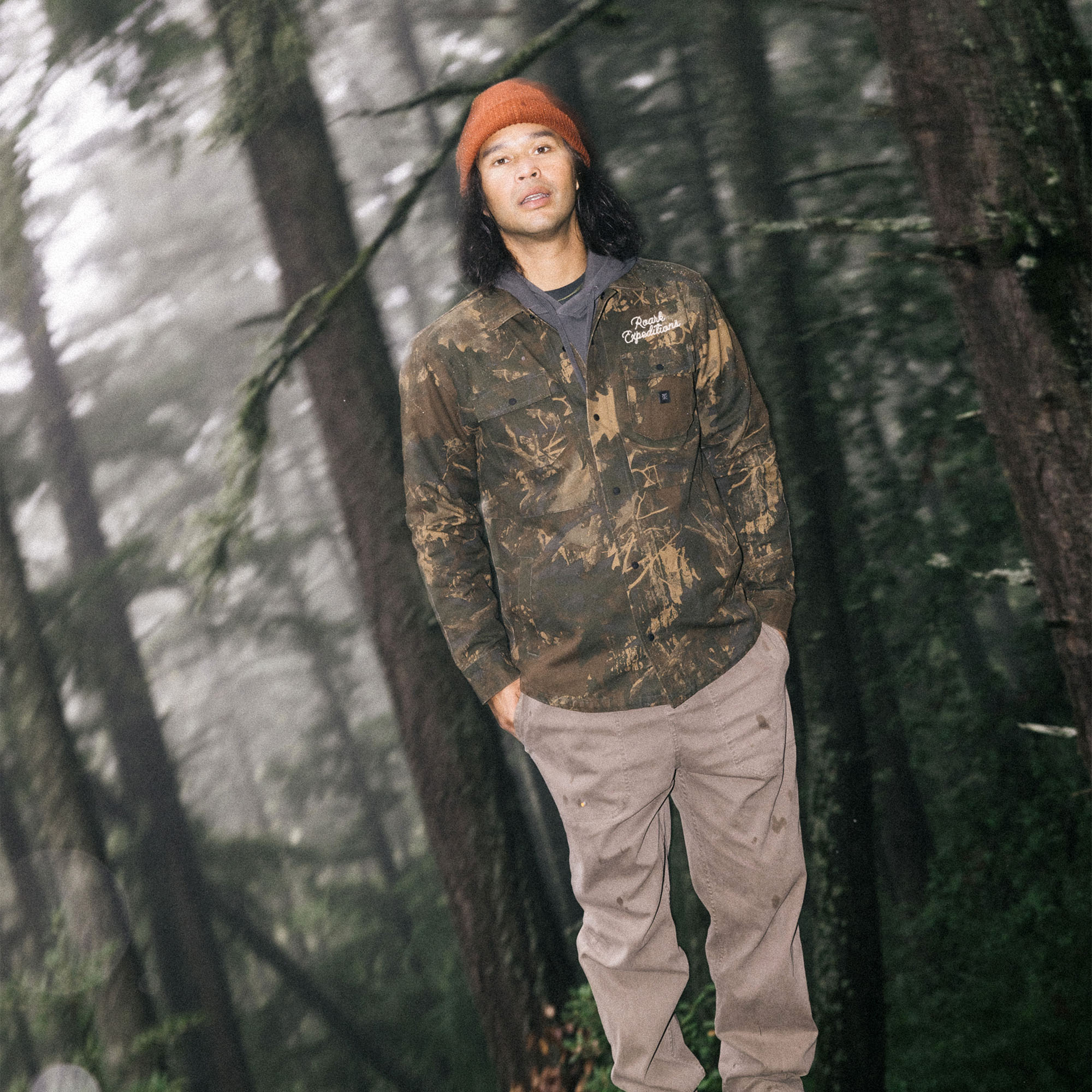 Roark Hebrides unlined jacket in military camouflage pattern, ideal for outdoor adventures and travel.