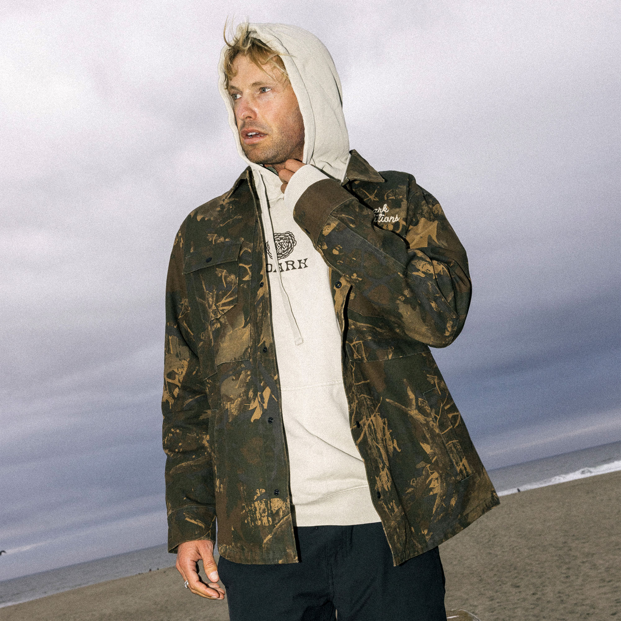 Roark Hebrides unlined camouflage hooded jacket, ideal for adventure and travel, styled as a windbreaker parka.