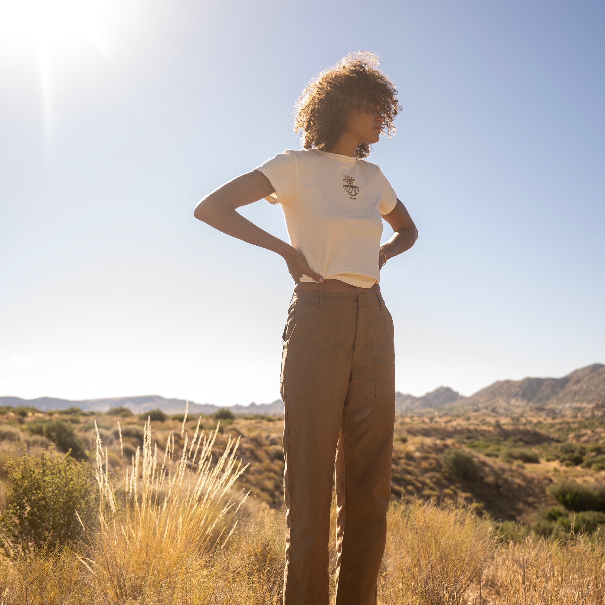 Woman wearing cream cropped tee and brown utility pants standing in desert landscape with mountains in background