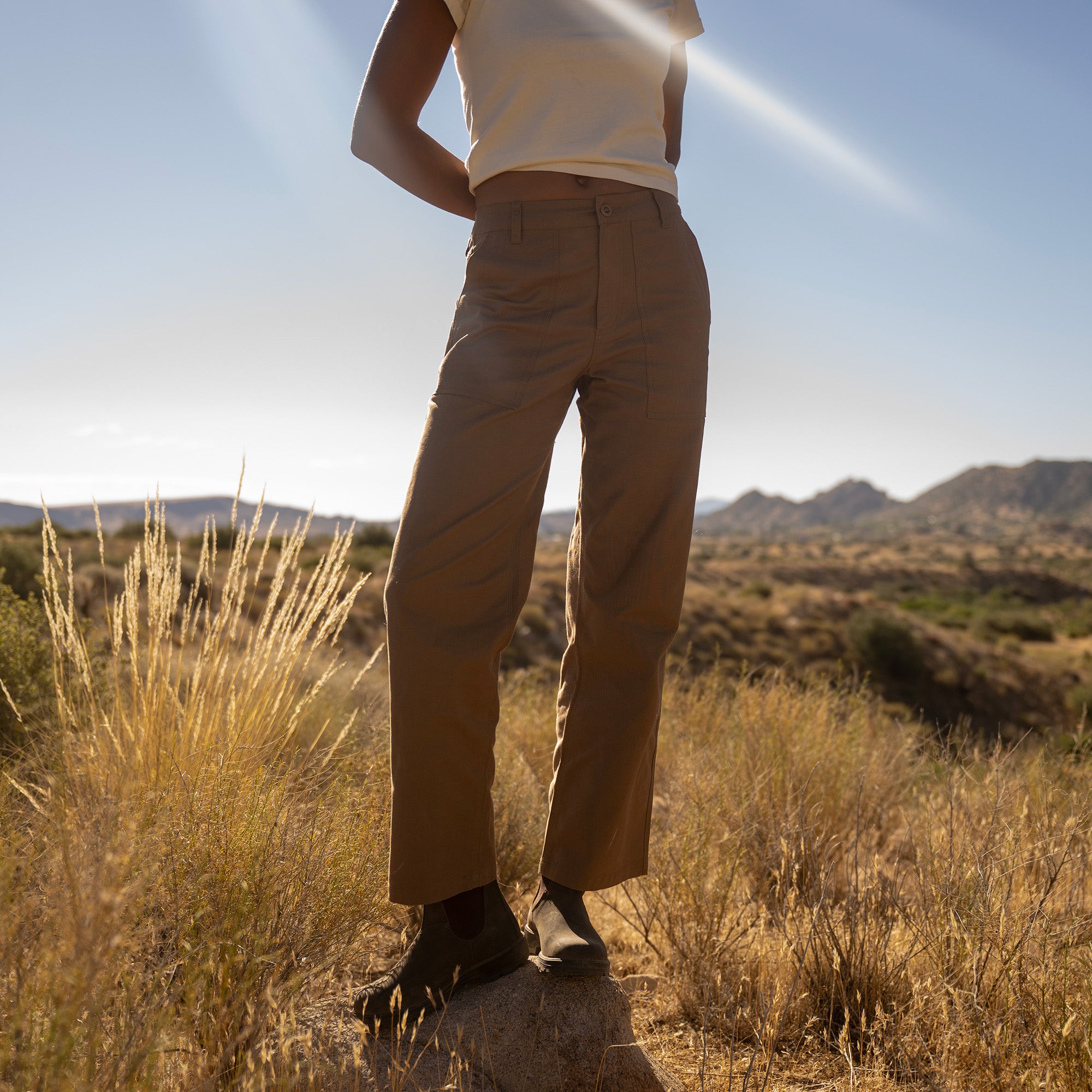 Brown utility pants styled with a cream-colored crop top, worn in an arid desert landscape with sparse vegetation