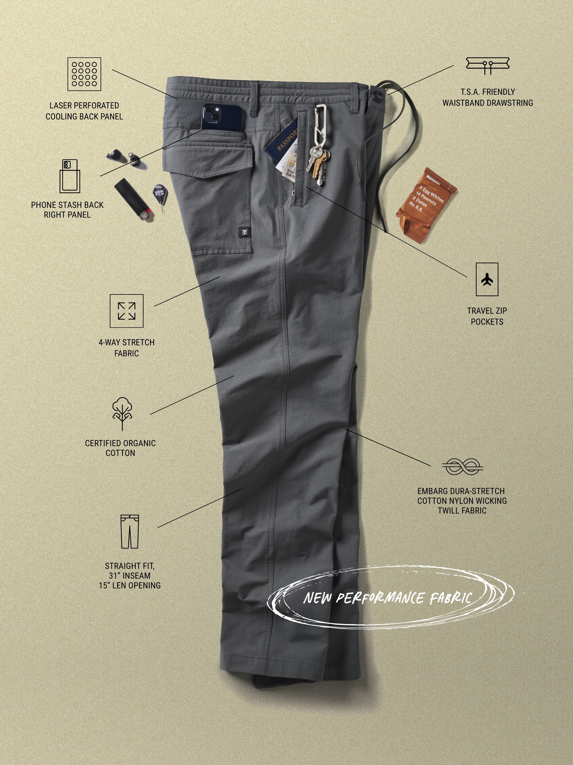 Close-up of multifunctional khaki cargo pants with pockets, ideal for outdoor adventures and travel, by Roark.
