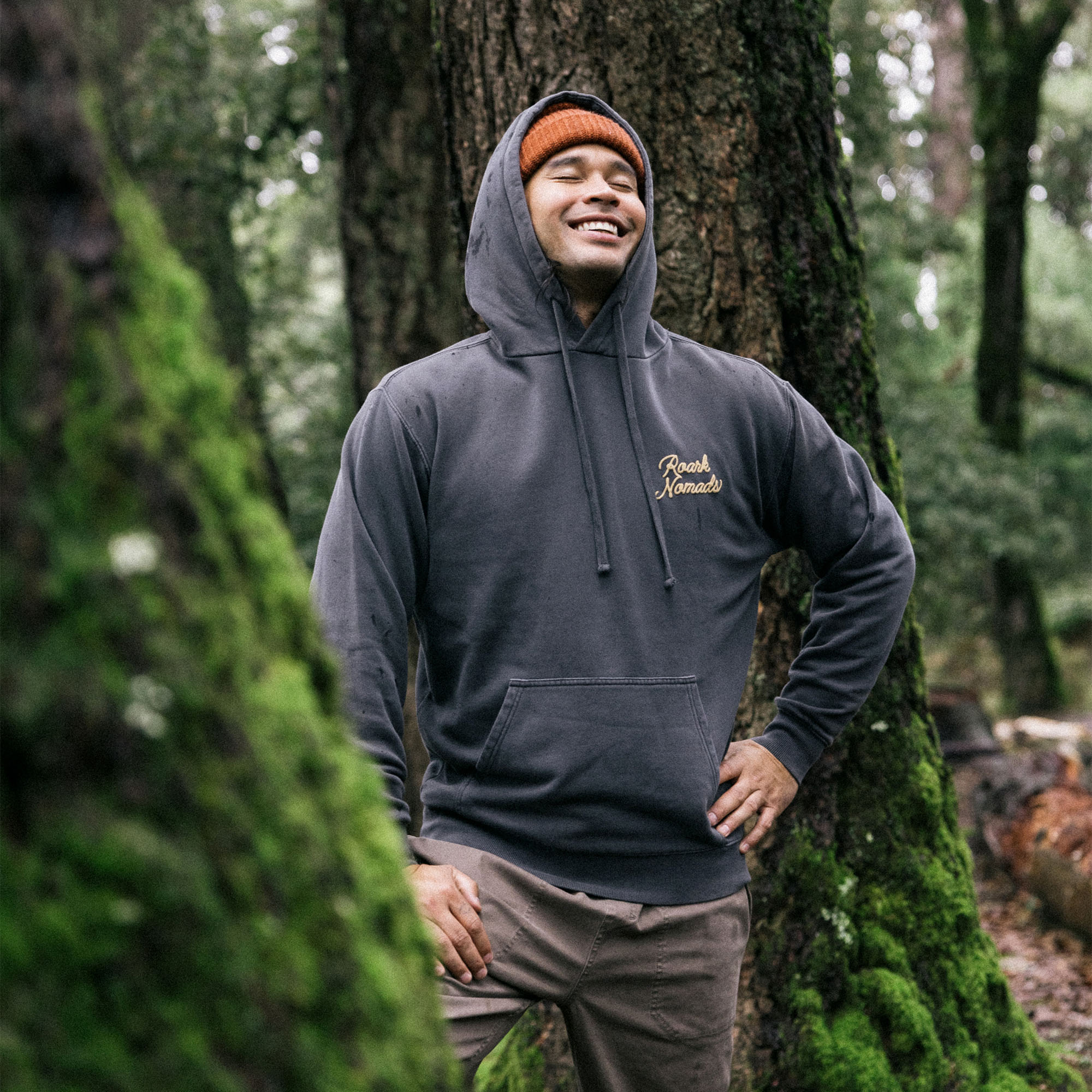 Bearded adventurer in nature wearing Nomads Badge fleece hoodie from Roark's HO25 collection
