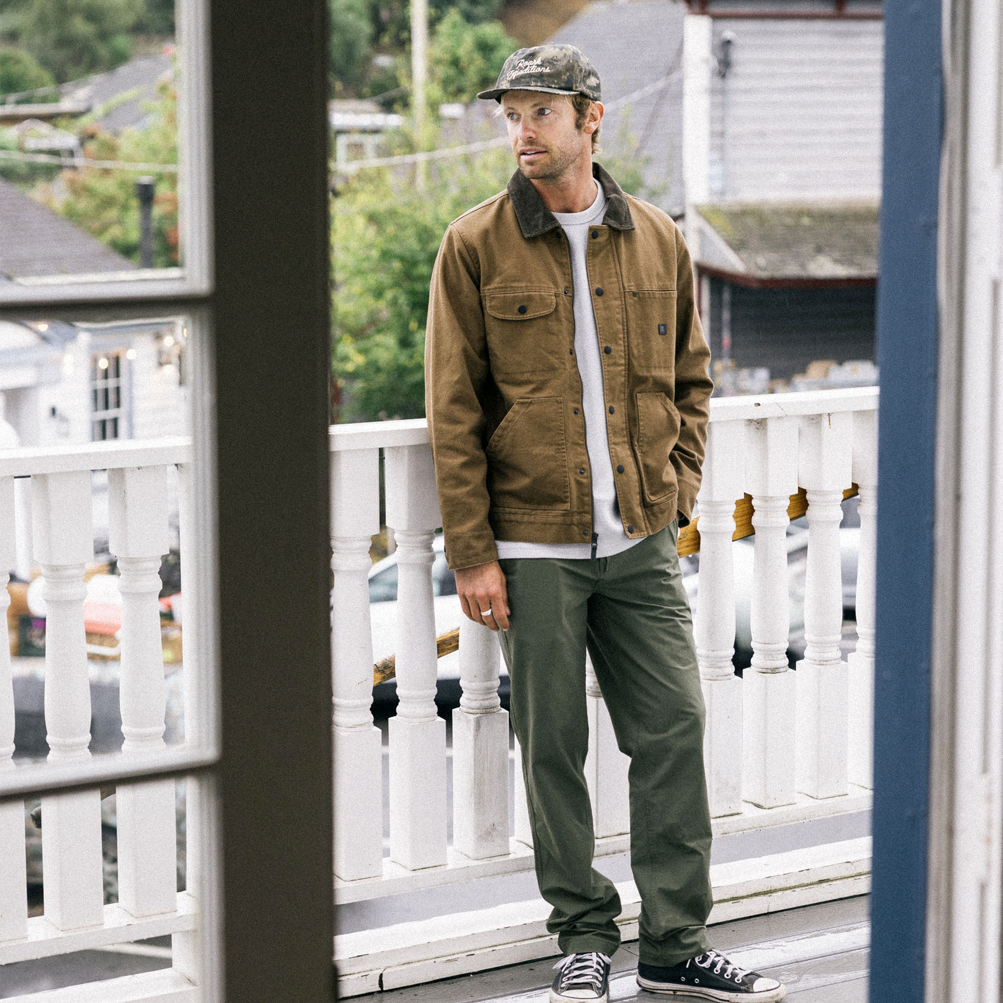 Waxed canvas jacket by Roark, perfect for adventure and open road travels, styled in a durable, rugged finish.