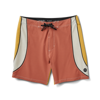 Men's tricolor swim shorts with drawstring and logo detail on white background.