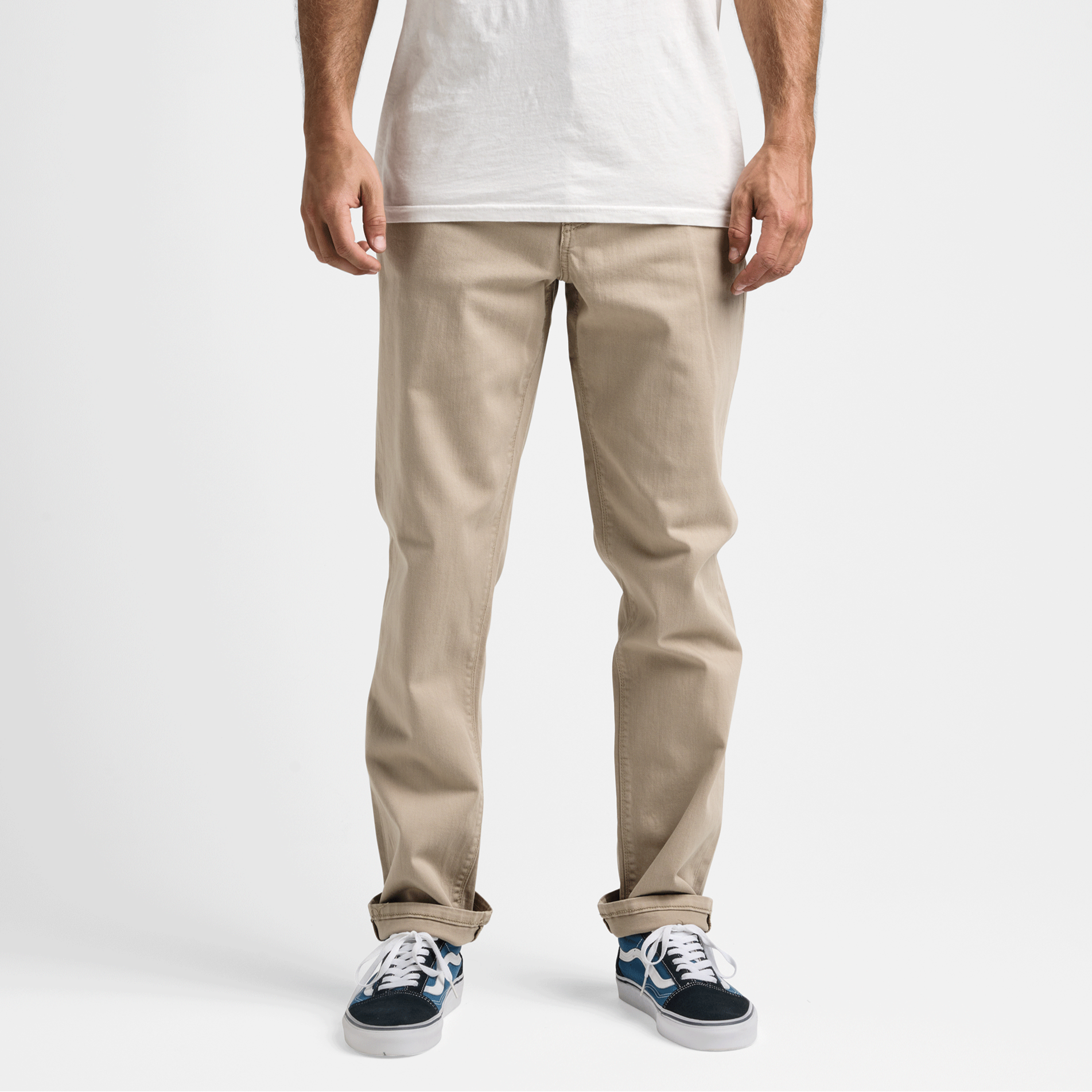 Roark HWY 128 Straight Fit 5-Pocket Jeans in Desert Khaki, showcasing a front view of the jeans.