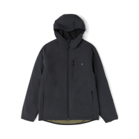 Black Layover Jacket with hood and fleece lining displayed flat lay on white background