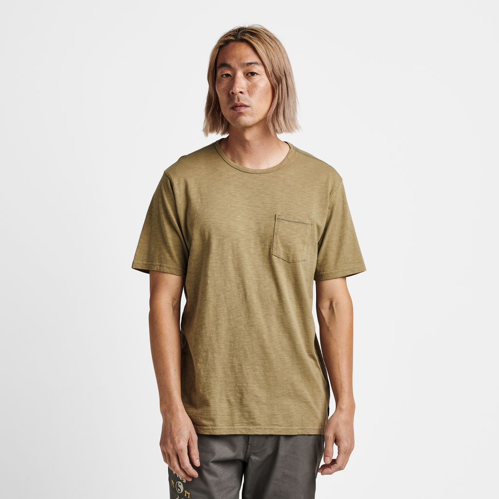 The on body view of Roark men's Well Worn Midweight Organic Tee - Dusty Green Big Image - 2