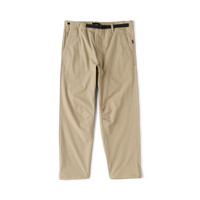 Beige Layover Trail Pants displayed flat lay, showing full length with black belt and side zip pockets