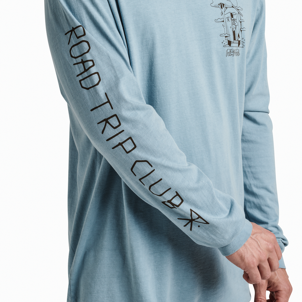 The model of Roark men's Road Trip Club Long Sleeve Premium Tee - Dusty Blue Big Image - 5