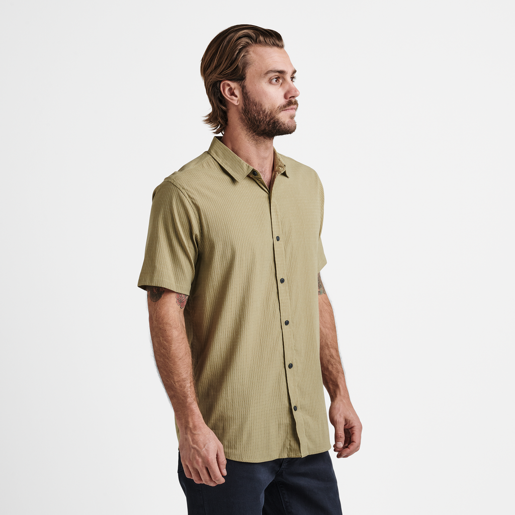 The model of Roark men's Bless Up Breathable Stretch Shirt - Dusty Green Big Image - 4