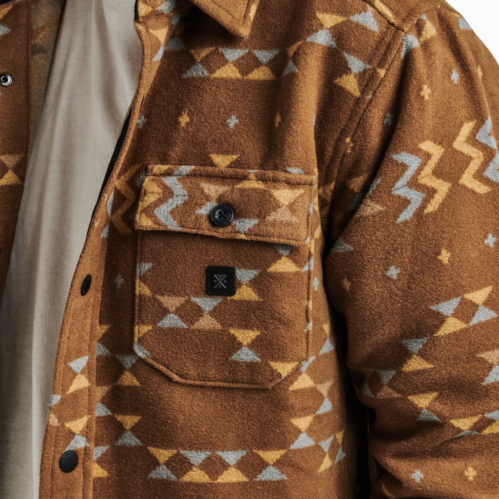 The model of Roark men's Andes Long Sleeve Flannel - Dark Khaki Big Image - 5