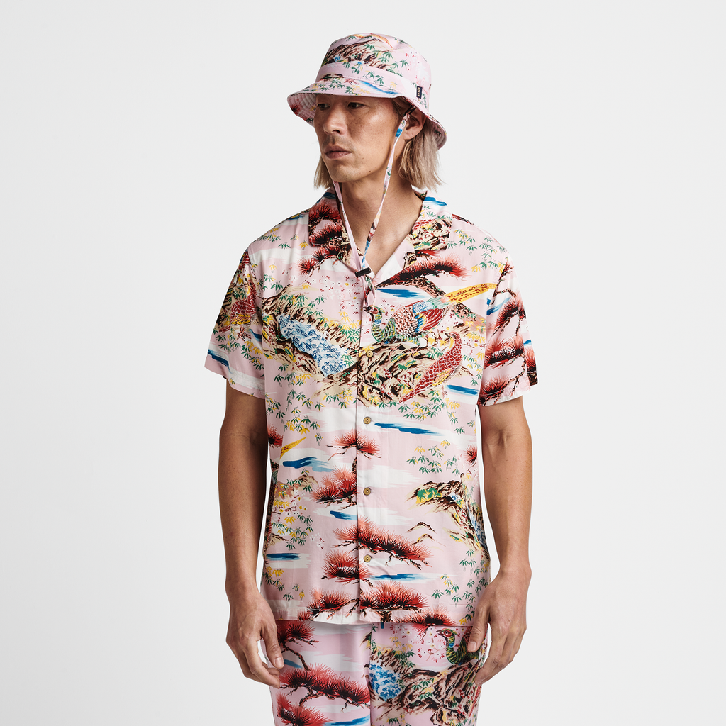 The model of Roark men's Gonzo Camp Collar Shirt - Aloha From Japan Pink Cherry Blossom Big Image - 2