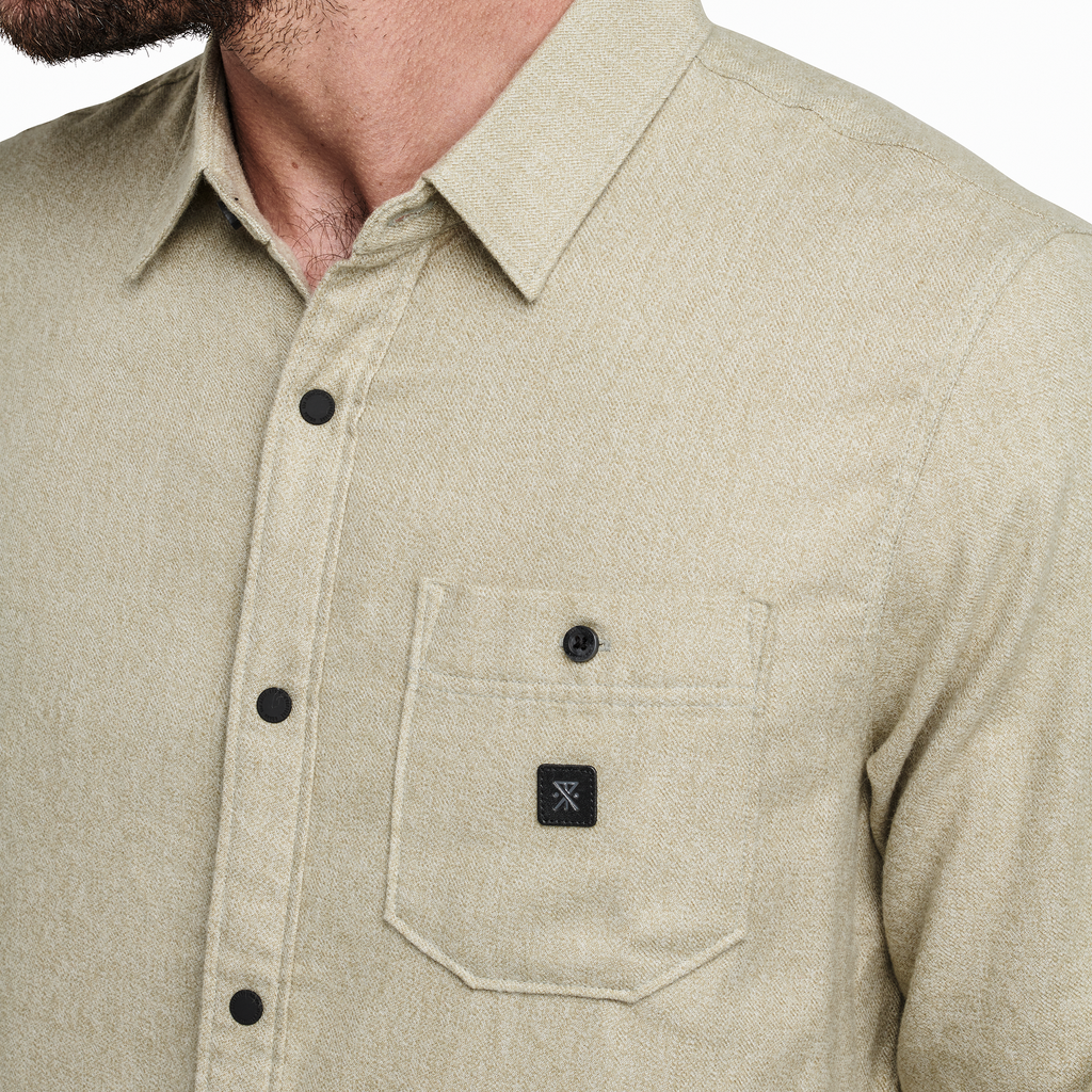 The model of Roark men's Nordsman Light Long Sleeve Flannel - Dusty Green Big Image - 5