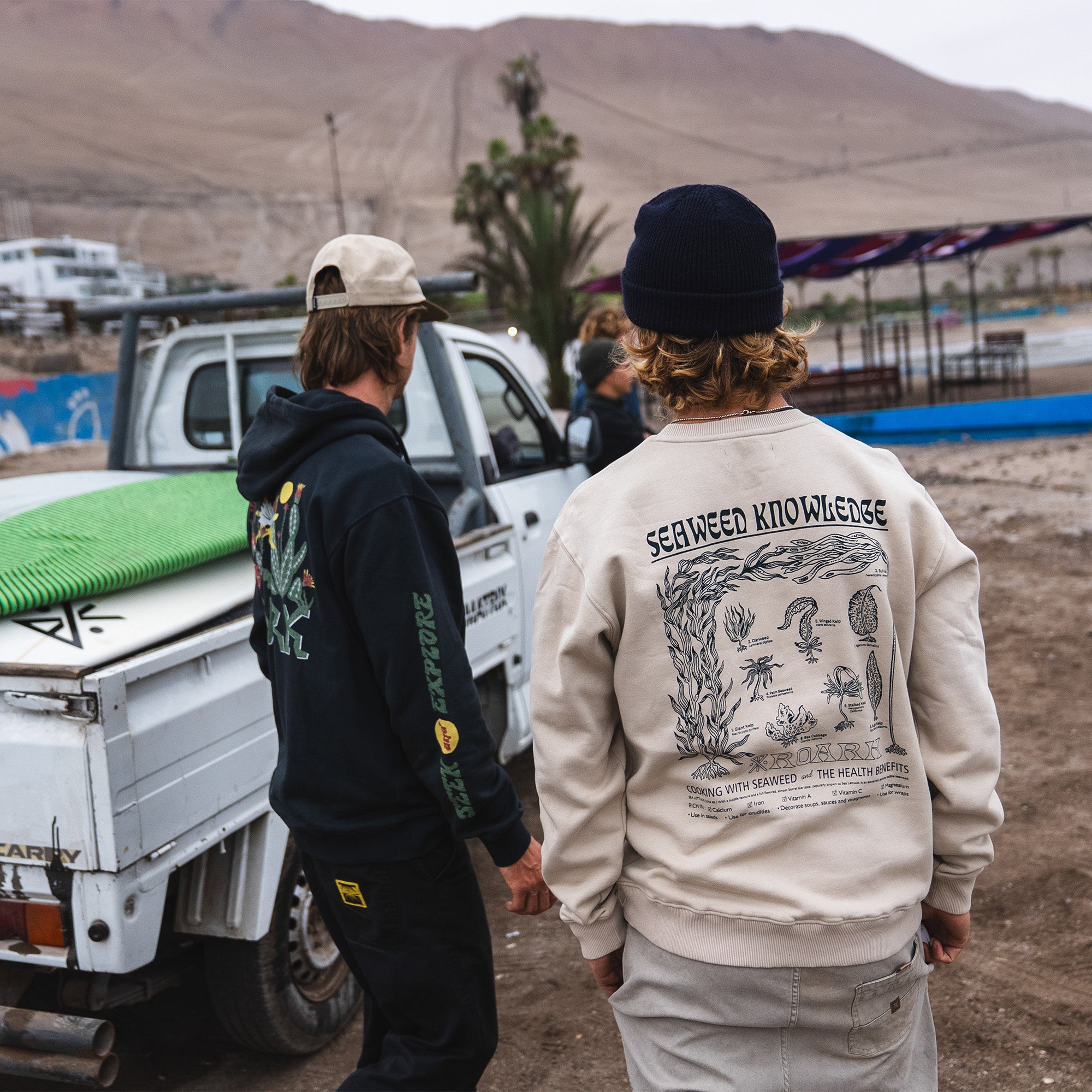 Close-up of the Roark Seaweed Knowledge Fleece Tee for Fall 2025 featuring a hood and winter-ready design, ideal for adventurous outdoor travels.