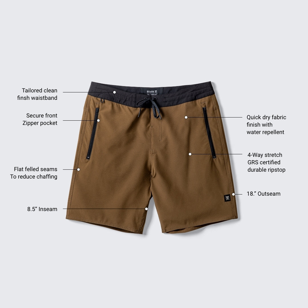 Selection of Roark adventure-ready gear including durable boardshorts, stylish Bermuda shorts, and versatile travel bags, perfectly suited for outdoor and travel enthusiasts