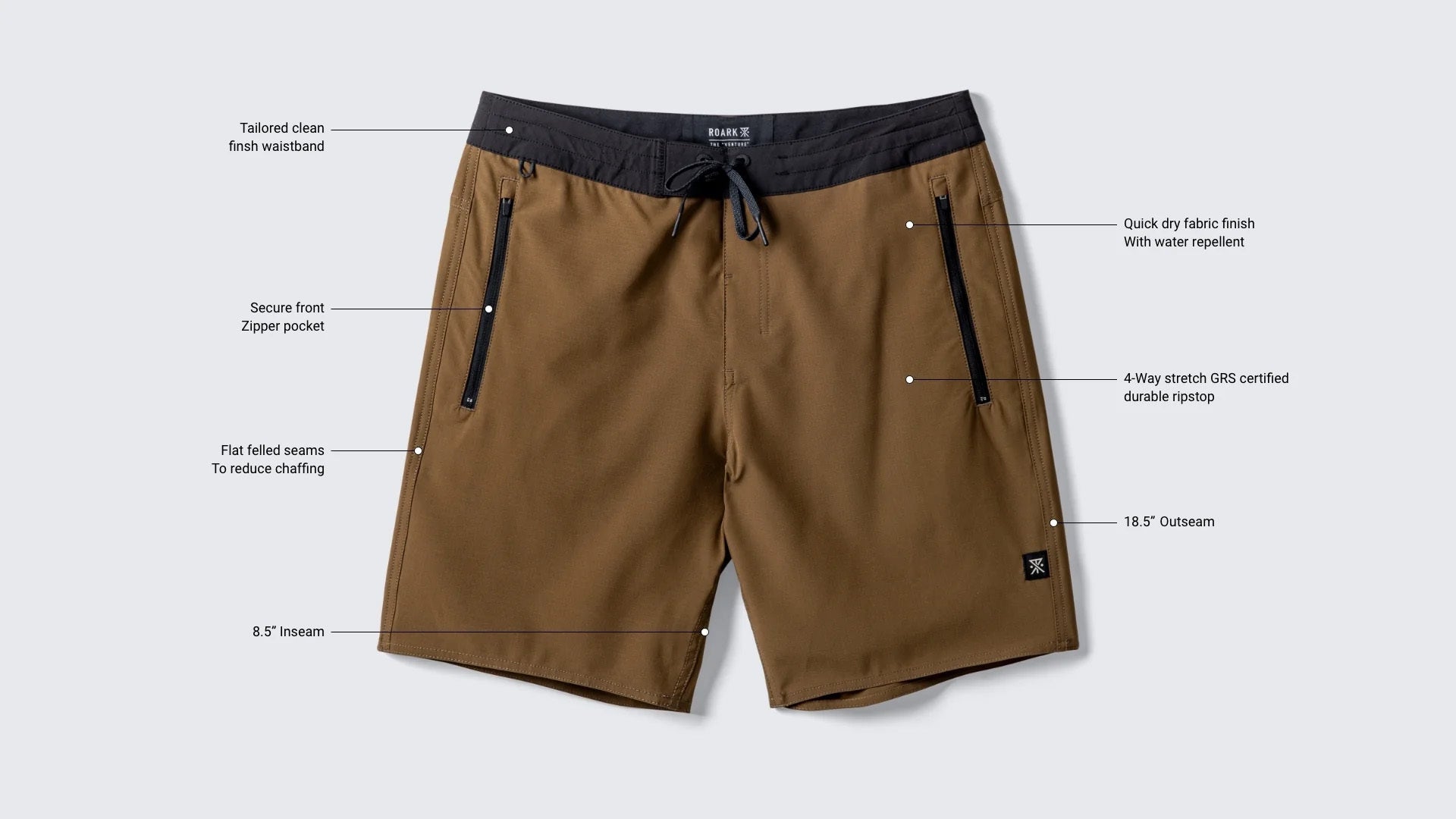 Assortment of Roark adventure gear including Bermuda shorts, boardshorts, trunks, and baggage, ready for travel and outdoor escapades.