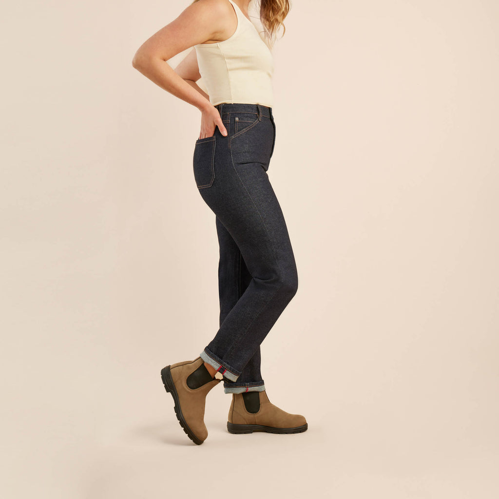 The on body view of Roark women's HWY 395 Kaihara Denim Jeans - Indigo Big Image - 4