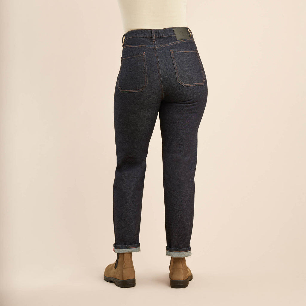The on body view of Roark women's HWY 395 Kaihara Denim Jeans - Indigo Big Image - 5