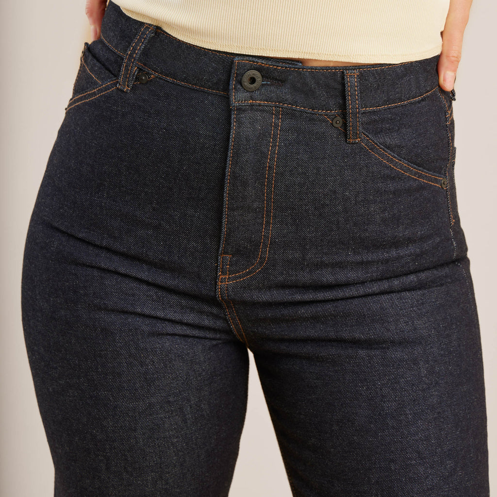 The on body view of Roark women's HWY 395 Kaihara Denim Jeans - Indigo Big Image - 7