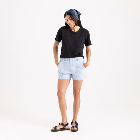 Active denim shorts by Roark featuring a versatile design ideal for travel and outdoor adventures, showcasing a focus on the waist to knee fit.