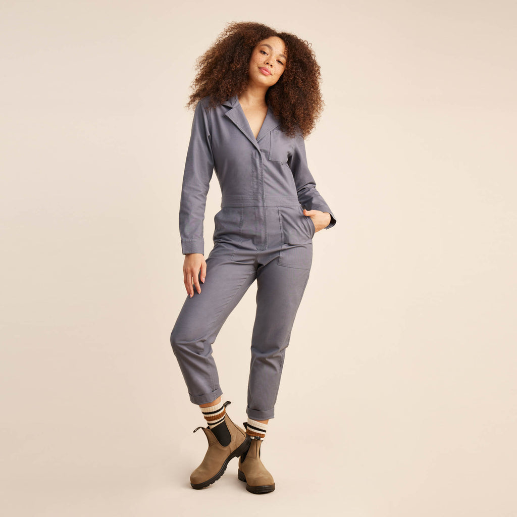 The on body view of Roark women's Layover Jumpsuit - Slate Blue Big Image - 1