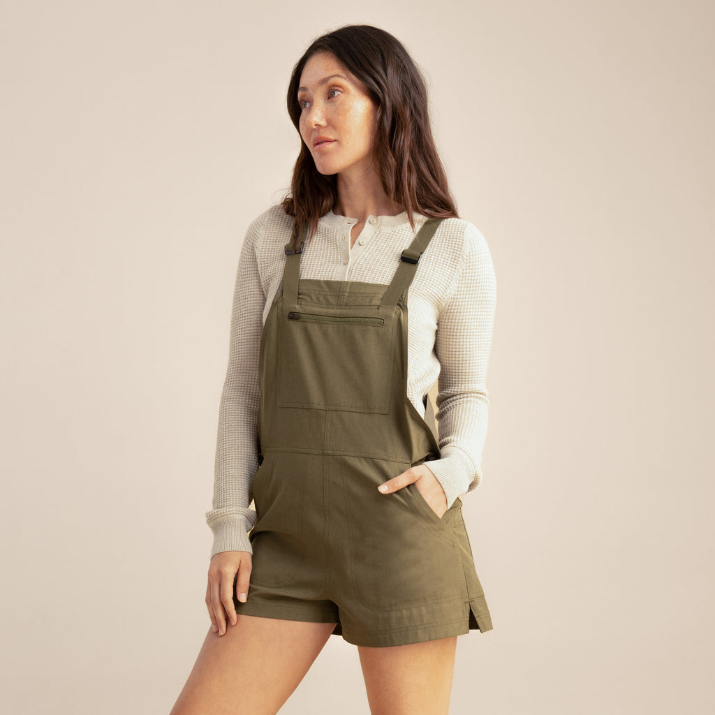 The on body view of Roark women's Canyon Hybrid Romper - Military Big Image - 1