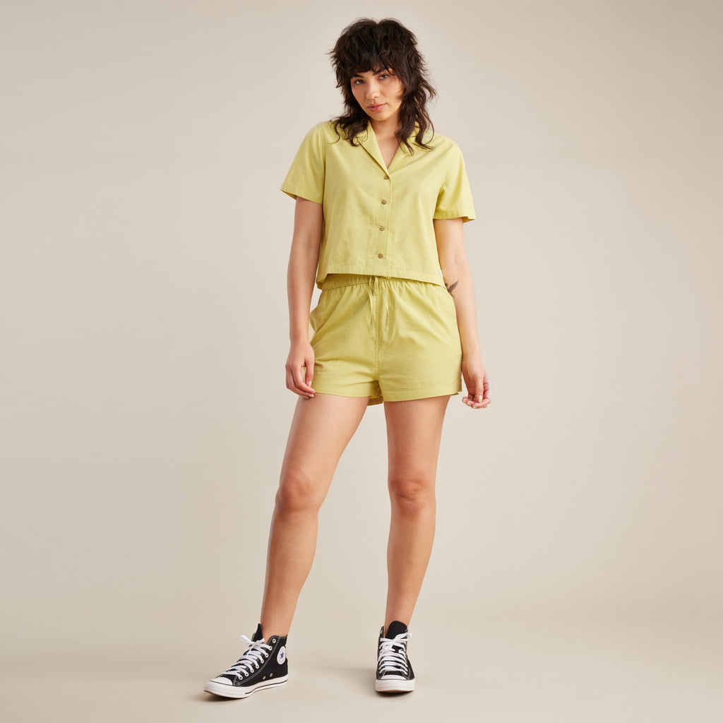 The on body view of Roark women's Idle Button Up Shirt - Lime Big Image - 6