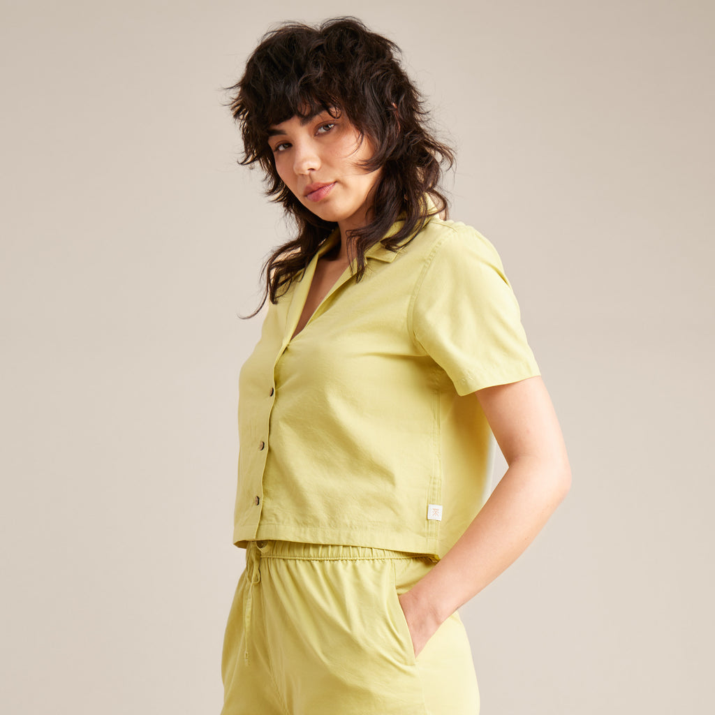 The on body view of Roark women's Idle Button Up Shirt - Lime Big Image - 7