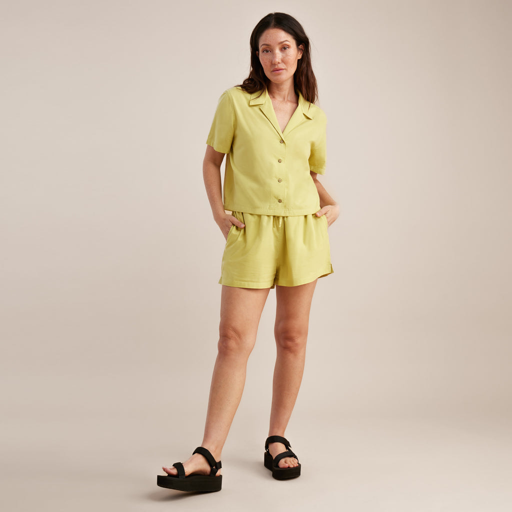The on body view of Roark women's Idle Button Up Shirt - Lime Big Image - 3