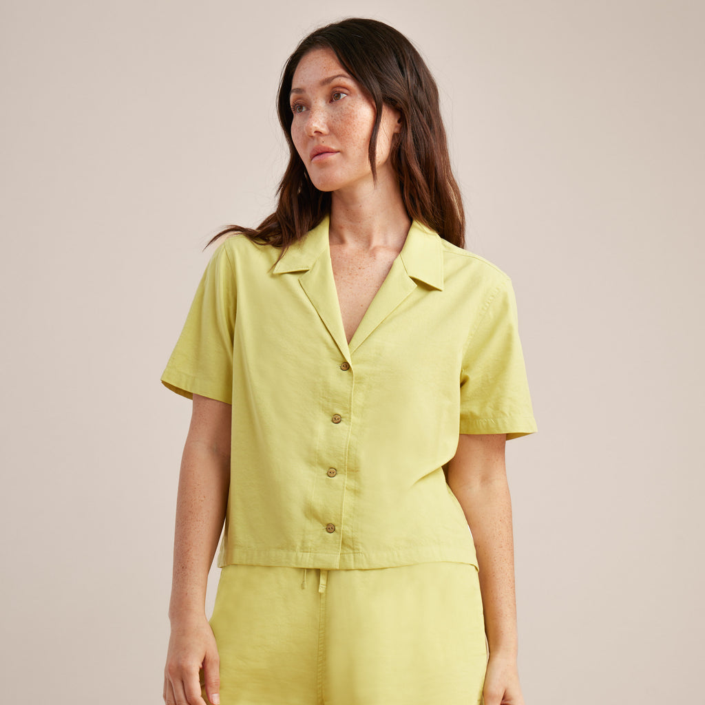 The on body view of Roark women's Idle Button Up Shirt - Lime Big Image - 4
