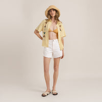 Summer style: Woman in a yellow open shirt, white shorts, straw hat, and sandals for a beach-ready look.