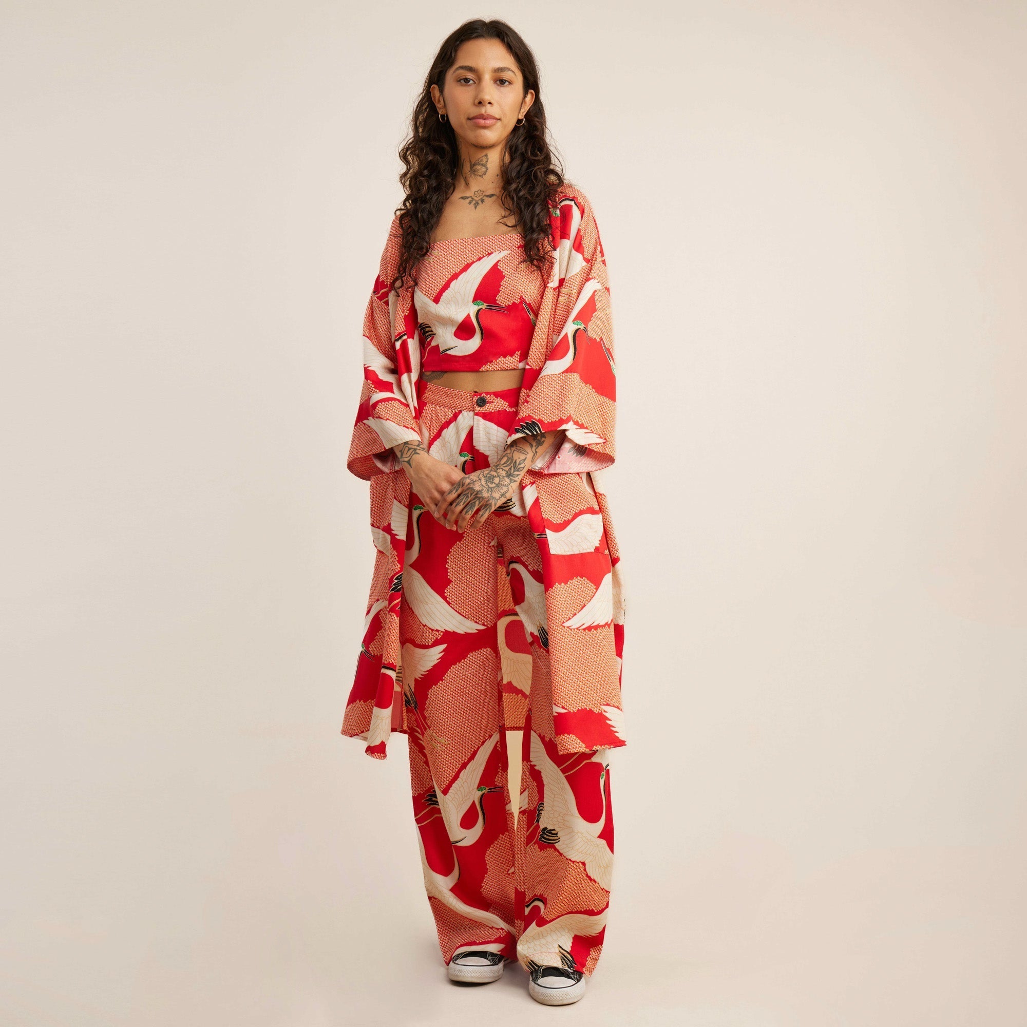 Rishiri Robe - Bright Red Vintage Crane