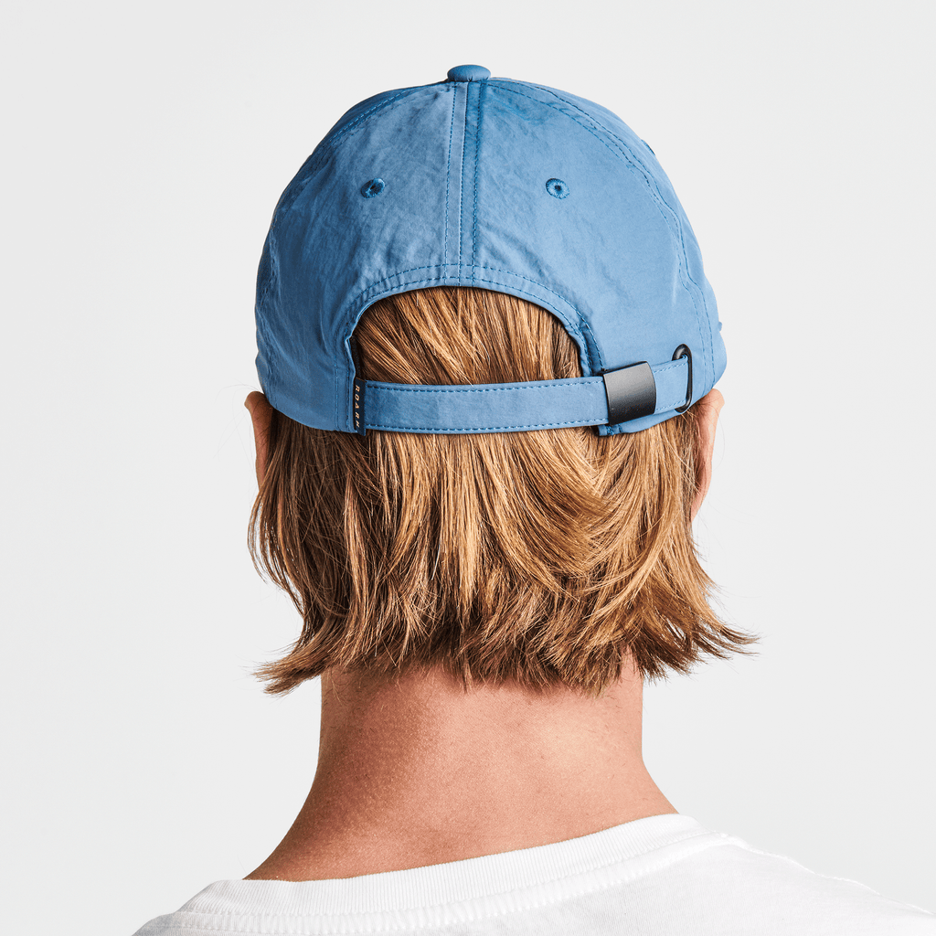 The on body view of Roark's Sun Up Sun Down 6 Panel Strapback Hat - Hydro Blue Big Image - 3