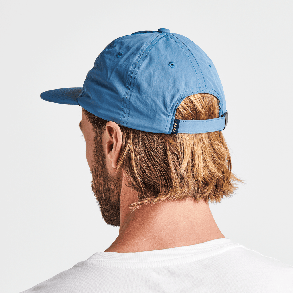 The on body view of Roark's Sun Up Sun Down 6 Panel Strapback Hat - Hydro Blue Big Image - 5